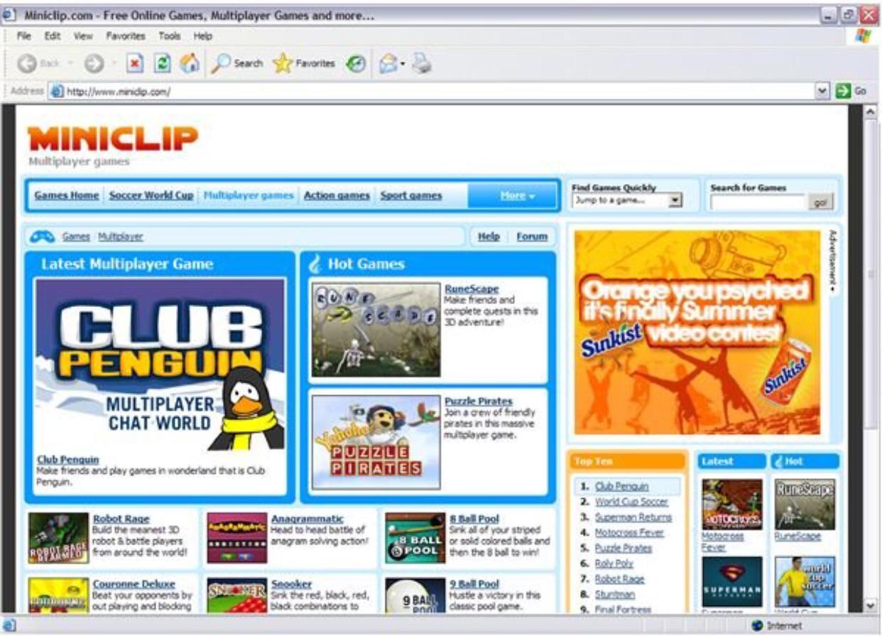 screenshot of old miniclip homepage